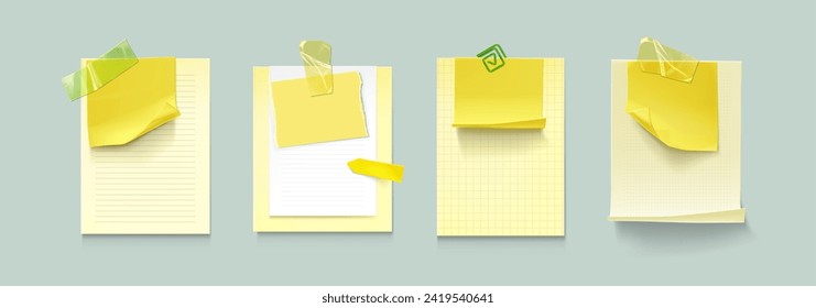 Memo note sticker paper attached with adhesive tape and paperclip. Realistic vector mockup set of empty notebook sheet with line, dots and checkered texture, yellow sticky writing stationery.