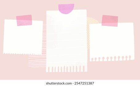 Notas memorando quadro de humor, pastel páginas cor-de-rosa e gravados em branco vetor post notas. Modelo minimalista de placa de visão.