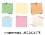 Memo notes, paper for note with clip, postit. Planner notebook page. Idea list. Post note sticker. Quote frame, reminder.