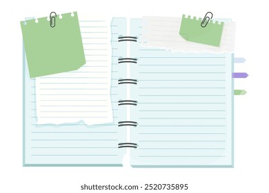 Memo notes, paper for note with clip, postit. Planner notebook page. Idea list. Post note sticker. Quote frame, reminder.