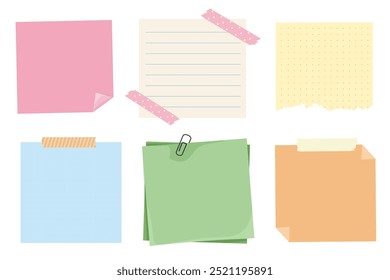 Memo notes, paper for note with clip, postit. Planner notebook page. Idea list. Post note sticker. Quote frame, reminder.