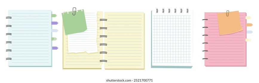 Notas de memorándum, papel para nota con Clip, postit. Página del bloc de notas del Planificador. Lista de ideas. Etiqueta de la nota del poste. Marco de cita, recordatorio.