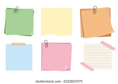 Memo notes, paper for note with clip, postit. Planner notebook page. Idea list. Post note sticker. Quote frame, reminder.