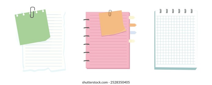 Memo notes, paper for note with clip, postit. Planner notebook page. Idea list. Post note sticker. Quote frame, reminder.