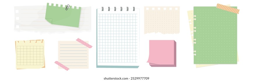 Memo notes, paper for note with clip, postit. Planner notebook page. Idea list. Post note sticker. Quote frame, reminder.