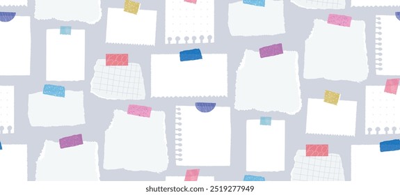 Memo notes pattern, seamless texture banner with blank paper pages taped to blue wall. Productivity concept background, to do lists, big plan template.
