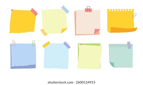 memo notes and reminders illustration set. square paper sheets with cute diary design with clip, pins and duct tape