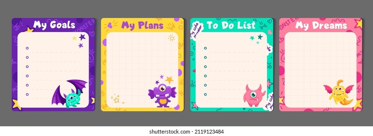 Memo Notes Set with To do list and My plans papers for children and kid printable stationery. Colorful planner stickers with cute kind monsters. Vector Flat Illustration