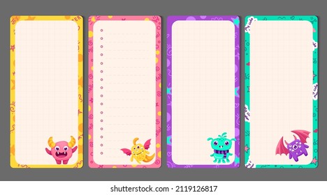 Memo Notes Set with To do list and My plans papers for children and kid printable stationery. Colorful planner stickers with cute kind monsters. Vector Flat Illustration