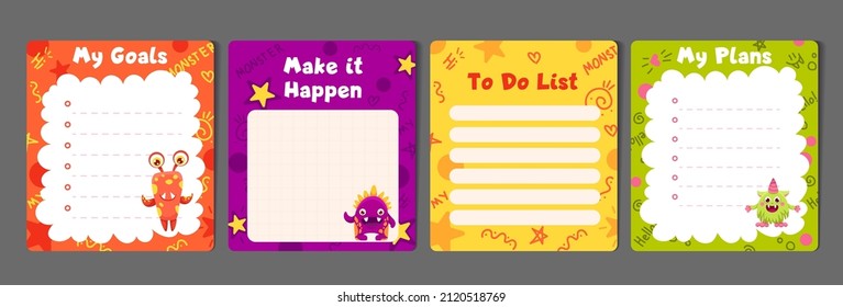 Memo Notes Set with To do list and My plans papers for children and kid printable stationery. Colorful planner stickers with cute kind monsters. Vector Flat Illustration