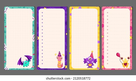 Memo Notes Set with To do list and My plans papers for children and kid printable stationery. Colorful planner stickers with cute kind monsters. Vector Flat Illustration