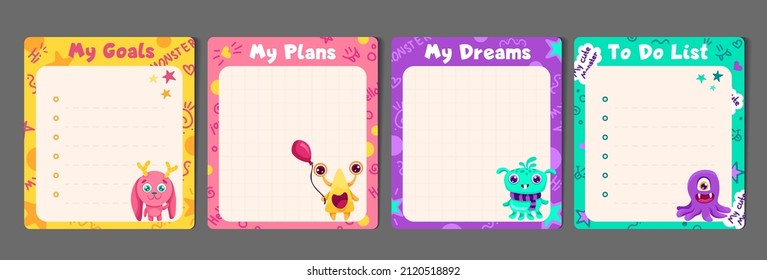 Memo Notes Set with To do list and My plans papers for children and kid printable stationery. Colorful planner stickers with cute kind monsters. Vector Flat Illustration