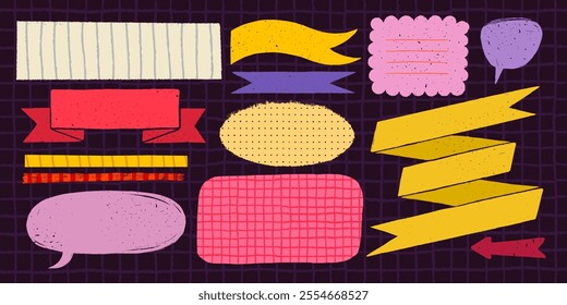 Memo notes and simple shapes in rough rustic style. Hand drawn vintage textured badges, banners, ribbon, flags, and other design elements. Hand-drawn infographic Vector collection