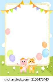 A memo pad with a cute mouse and pig picture. illustration set. Balloon icon, Garland icon, kid, paper, note. Happy Birthday. Vector drawing. Hand drawn style.
