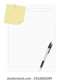 A memo pad and loose-leaf paper clipped together with a paper clip, accompanied by a ballpoint pen, lined paper