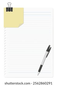 A memo pad and loose-leaf paper clipped together with a binder clip, accompanied by a ballpoint pen, lined paper