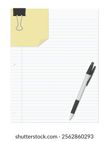 A memo pad and loose-leaf paper clipped together with a binder clip, accompanied by a ballpoint pen, lined paper, three-hole punched