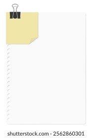 A memo pad and loose-leaf paper clipped together with a binder clip, plain paper