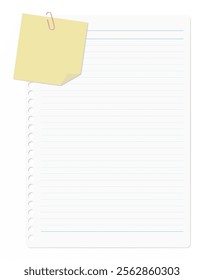 A memo pad and loose-leaf paper clipped together with a paper clip, lined paper