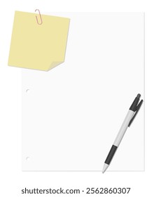 A memo pad and loose-leaf paper clipped together with a paper clip, accompanied by a ballpoint pen, plain paper, three-hole punched