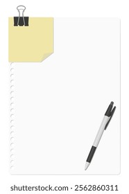 A memo pad and loose-leaf paper clipped together with a binder clip, accompanied by a ballpoint pen, plain paper