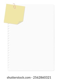 A memo pad and loose-leaf paper clipped together with a paper clip, plain paper