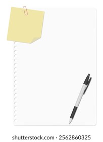 A memo pad and loose-leaf paper clipped together with a paper clip, accompanied by a ballpoint pen, plain paper