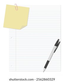 A memo pad and loose-leaf paper clipped together with a paper clip, accompanied by a ballpoint pen, lined paper, three-hole punched