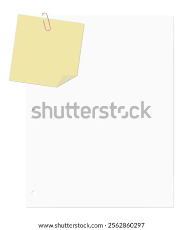 A memo pad and loose-leaf paper clipped together with a paper clip, plain paper, three-hole punched