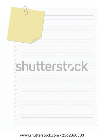 A memo pad and loose-leaf paper clipped together with a paper clip, lined paper