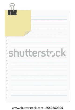 A memo pad and loose-leaf paper clipped together with a binder clip, lined paper