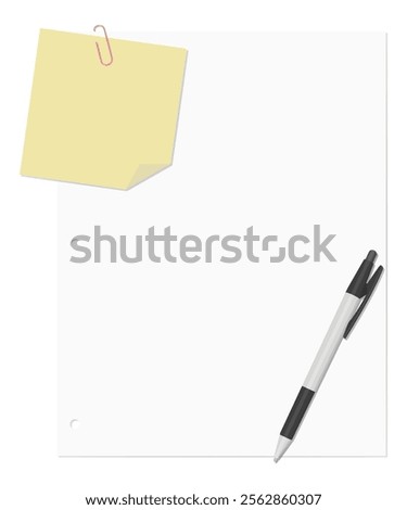 A memo pad and loose-leaf paper clipped together with a paper clip, accompanied by a ballpoint pen, plain paper, three-hole punched