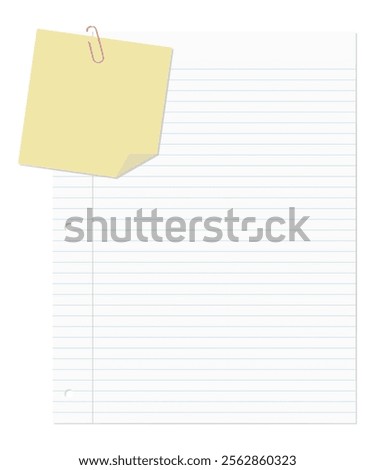 A memo pad and loose-leaf paper clipped together with a paper clip, lined paper, three-hole punched