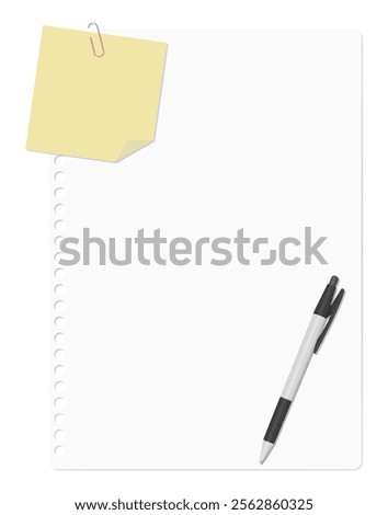 A memo pad and loose-leaf paper clipped together with a paper clip, accompanied by a ballpoint pen, plain paper