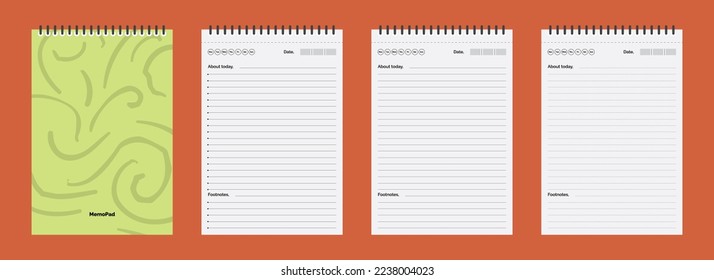 Memo Pad Notebook With Green Cover. Spiral Lined Memo Notepad Template. Bullets Straight And Dotted Line With Date And Day Marks On Orange Background
