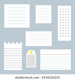 Memo pad paper. Different notebook sheets with clip. Realistic sheets isolated on background. EPS file 71.