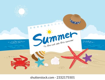 Memo pads on the beach in the cool summer and clams, crabs, and starfish on the sandy beach