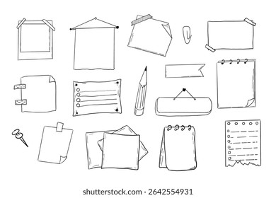 Memo page bullet jourlal note sketch, hand drawn doodle stickers office list box or frame. Comic planner reminder, set stationery design elements.