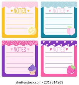 Memo pages card, lined elements sticky element,  set notepaper design printable . Orange yellow with heart , violet, blue, green lined pages 
