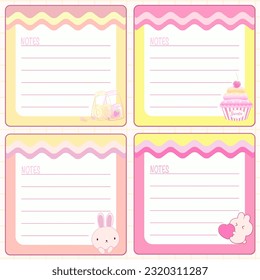 Memo pages card, lined elements sticky element,  set notepaper design printable . Pink, yellow, blue, green kawaii pages for tags 