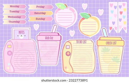 Memo pages card, lined elements sticky element,  set inspiration notepaper design printable . Pink, yellow, blue kawaii pages for tags , weekly notes 