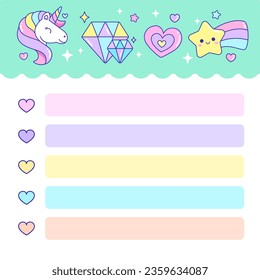 Páginas Memo con unicornio mágico, estrella, arcoiris, diamante para planilla de hojas organizadoras imprimibles