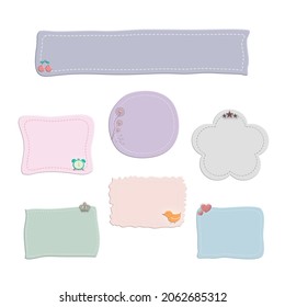 Memo paper, 3D text frames, different colors and patterns, with flowers, hearts, crowns, cherries, ducklings, stars and a drapery frame along the edges, as background element.