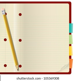 Memo paper, pencil and paper clips with red notebook, Vector