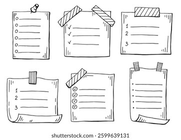 Memo paper sheet icon set. Hand drawn. Checklist vector illustration on isolated background.