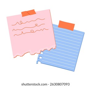 Memo papers, sticky notes, reminders for work organization and business planning. Office posts, handwritten messages, info on adhesive tapes. Flat vector illustration isolated on white background