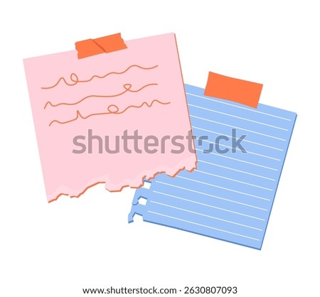 Memo papers, sticky notes, reminders for work organization and business planning. Office posts, handwritten messages, info on adhesive tapes. Flat vector illustration isolated on white background