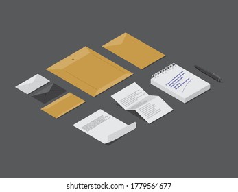 Memo sheet and paper letter on gray background