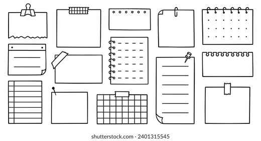 Memo sheets doodle set. Paper page, notes, reminder, sticky for bullet journal in sketch style. Hand drawn vector illustration isolated on white background.