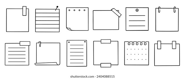 Memo sheets doodle set. Paper page, notes, reminder, sticky for bullet journal in sketch style. Hand drawn vector illustration isolated on white background.